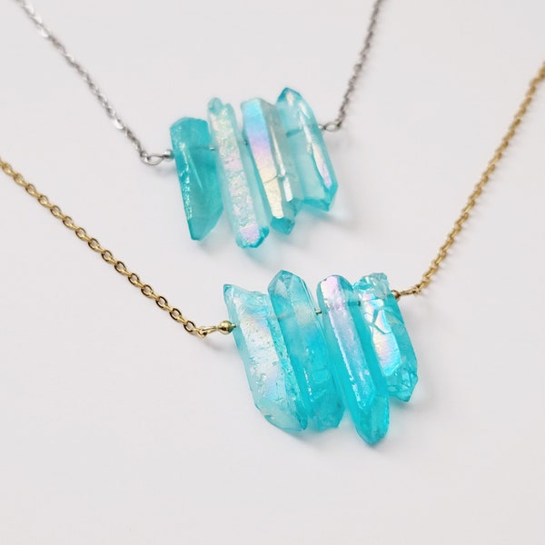 Aqua Crystal Necklace, Aura Glow Blue Crystal Necklace, Crystal Bar Necklace, Custom Crystal Necklace, Aqua Blue Stone Necklace