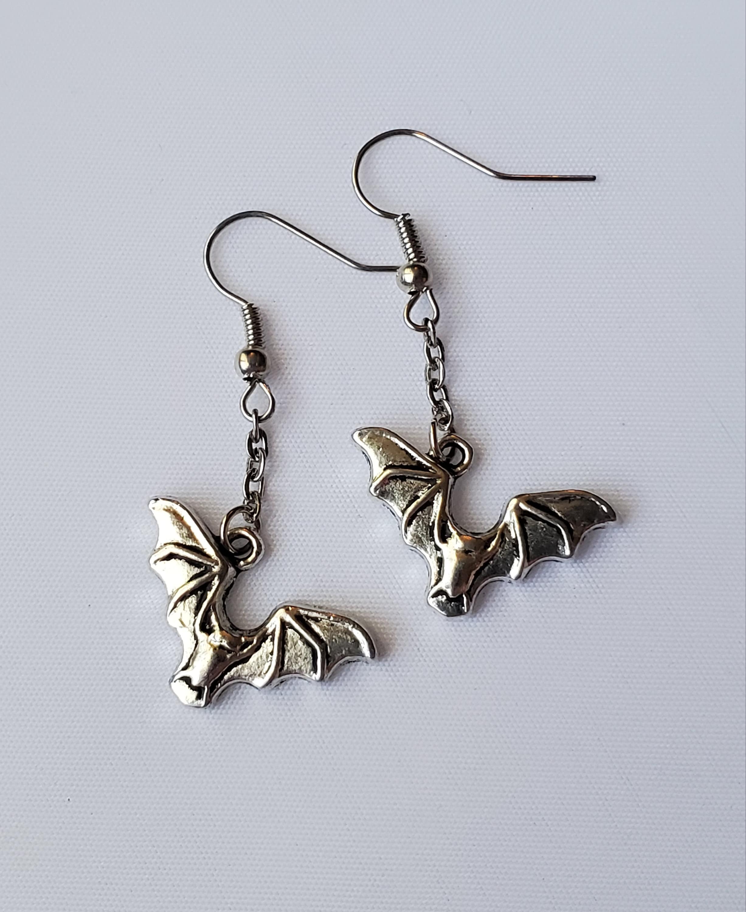 Bat Earrings Silver Dangle Bat Earrings Halloween Bat Etsy