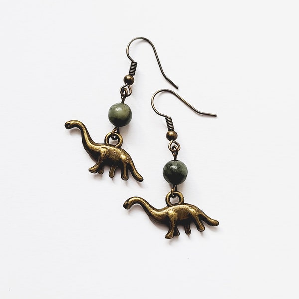 Dinosaur Earrings, Fun Dinosaur Stone Charm Earrings, Brontosaurus Earrings, Fun Jurassic Earrings, Green Jade Dinosaur Dangle Earrings