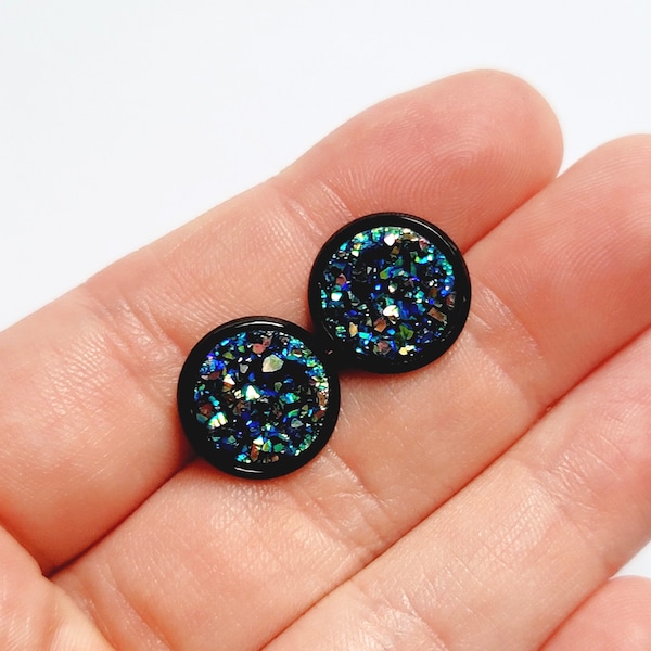 Rainbow Stud Earrings, Black Studs, Large Stud Earrings, Iridescent Rainbow Stud Earrings, Rainbow Metallic Studs, Holographic Earrings