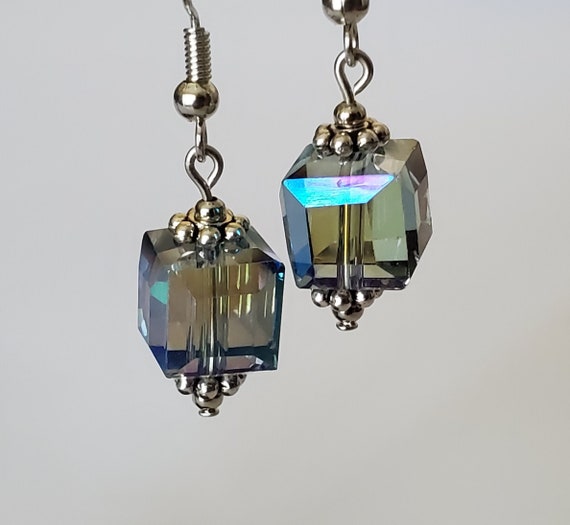 Iridescent Cube Earrings Purple Blue Mermaid Holographic Shimmer Drop Earrings