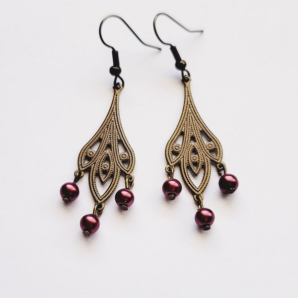 Art Nouveau Pearl Dangle Earrings, Maroon Victorian Pearl Earrings, Elegant Bronze Filigree Earrings, Renaissance Earrings