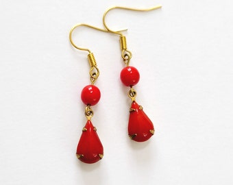 Red Teardrop Dangle Earrings, Bright Red Dainty Teardrop Drop Earrings, Cute Christmas Red Gold Earrings, Red Earrings, Cute Earrings