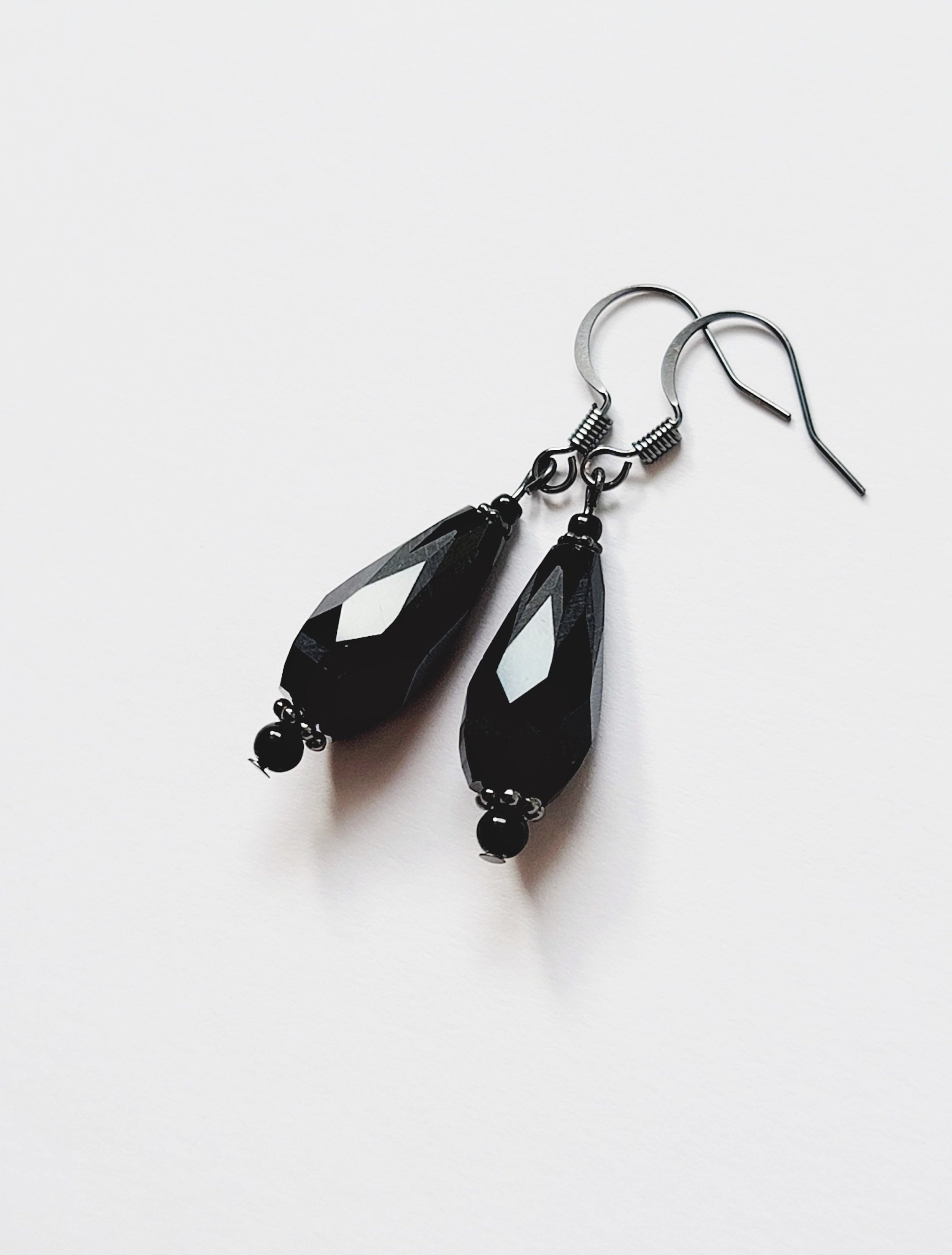 Black Gothic Earrings Faceted Black Teardrop Goth Earrings