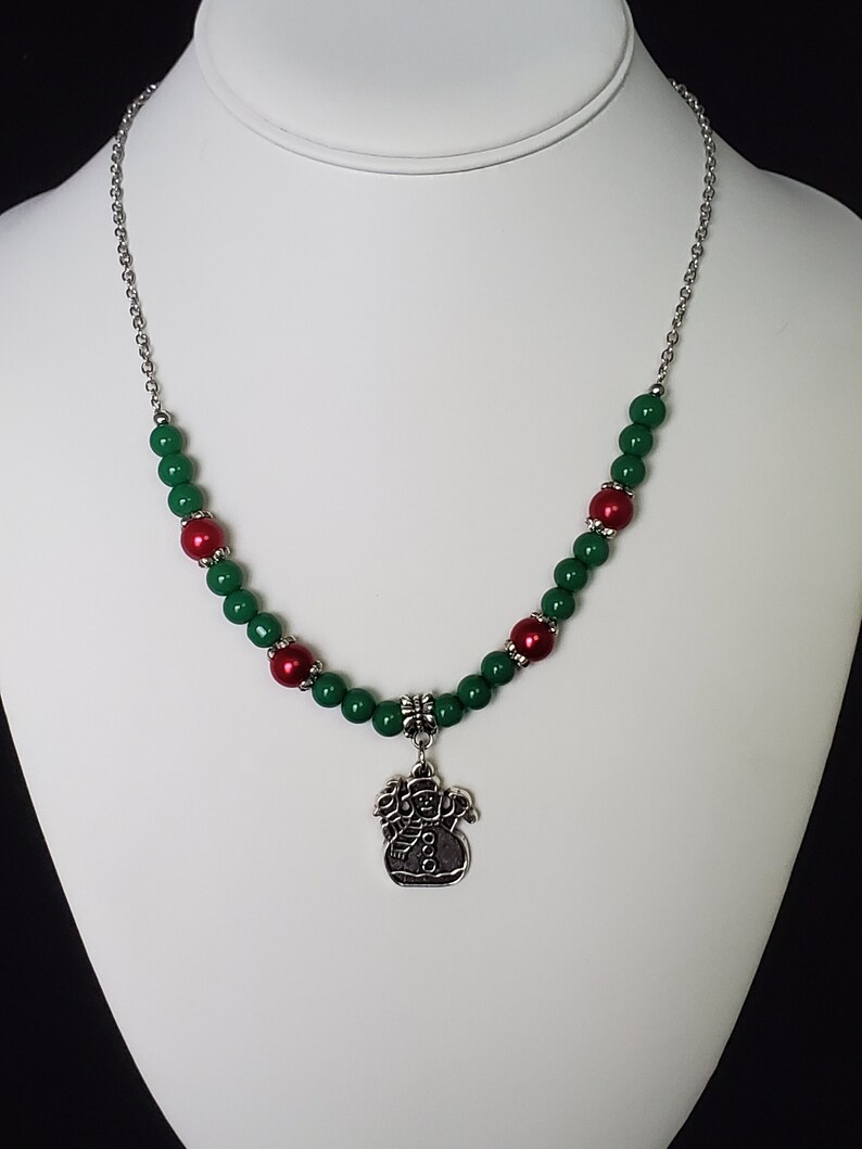 Snowman Winter Necklace Christmas Snowman Necklace Red and Green Holiday Necklace