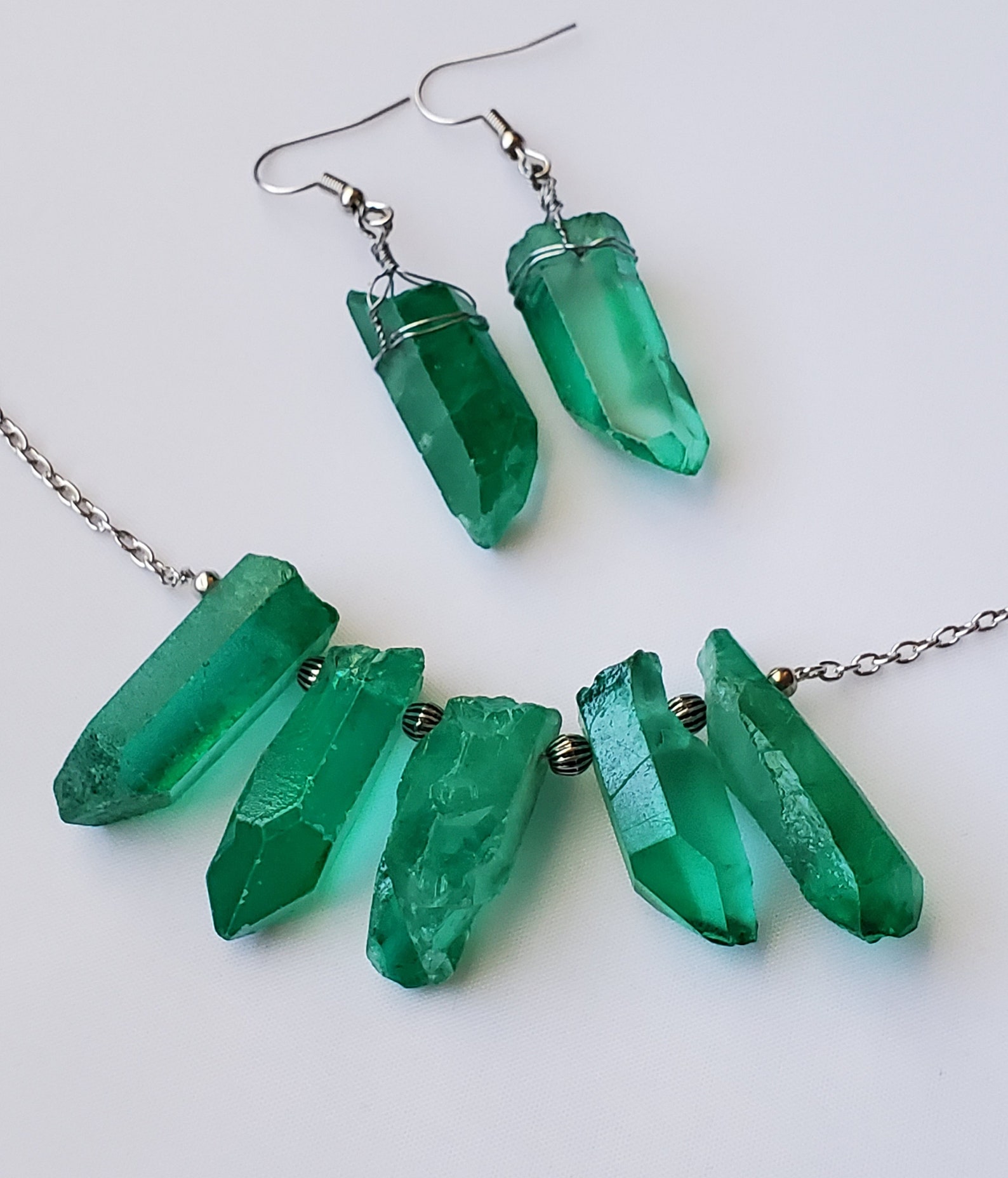Emerald Green Stone Necklace Rough Stone Jewelry Set Raw Etsy