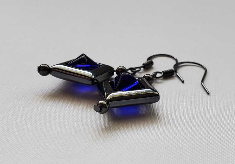 Blue Floating Grey Diamond Earrings Unusual Interesting Blue Hovering Hematite Dangle Earrings