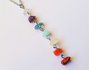 Chakra Necklace, 7 Chakra Natural Gemstone Drop Chain, Minimalist Gemstone Jewelry, Yoga Necklace, Healing Crystal Rainbow Chakra Necklace