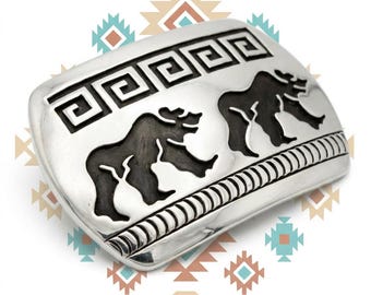 Navajo Walking Bear Belt Buckle - Handcrafted Sterling Silver - Hopi Overlay Style Jewelry - Signed Rosco Scott