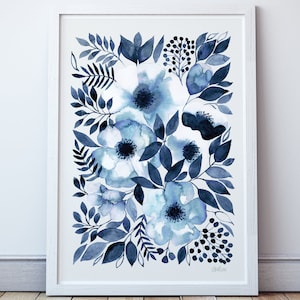 Hamptons Style Navy Blue Watercolour Floral Wall Art. Digital Download. Printable Art.