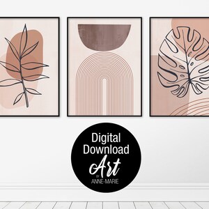 Boho Modern Geometric Botanical Digital Wall Art. Set of 3 DIGITAL DOWNLOAD designs. Printable Art.