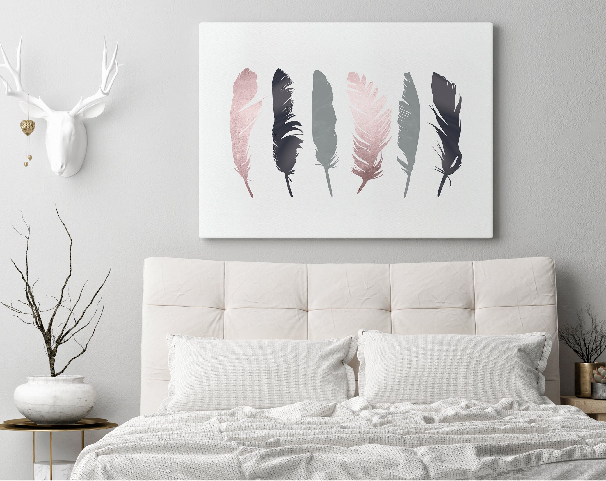 Pink Grey Metallic Feather Wall Art. Pink Decor Girls Nursery Etsy