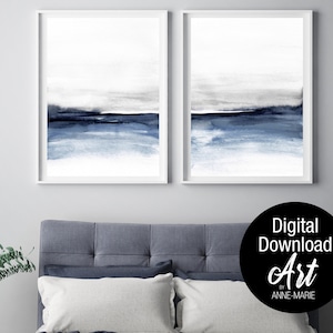 Navy Blue and Grey Watercolour Abstract Landscape. Set of two posters.