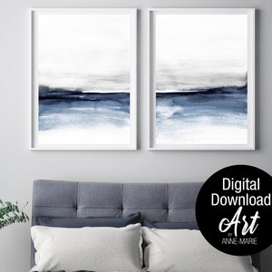 Navy Blue & Grey Watercolour Abstract Landscape Posters - Set of Two Art Prints for Home Décor, Modern Wall Art, Abstract Art