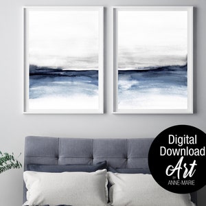 Navy Blue and Grey Watercolour Abstract Landscape. Set of two posters.