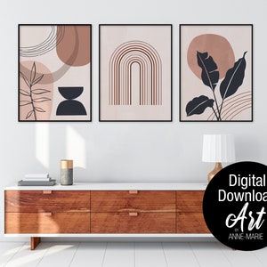 Boho Modern Geometric Botanical Digital Wall Art. Set of 3 DIGITAL DOWNLOAD designs. Printable Art.