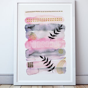 Pink, grey, gold and black watercolour abstract art print.