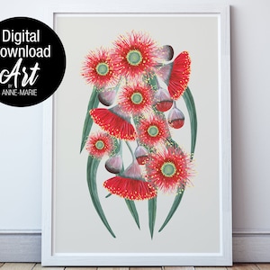 Australian Gum Tree Red Flowers and Leaves Art Print. Botanical Digital Download Printable Wall Art.