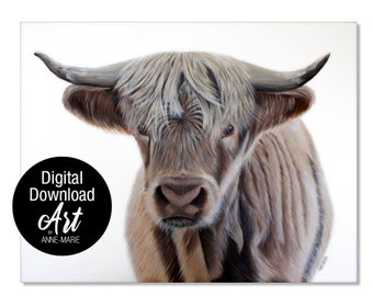 Highland Cow Art Print Download. Scottish Native Cow Printable Art. Cow nursery art