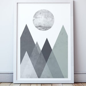 Scandinavian Style Mountain Landscape Art Print. Grey and sage Green. Minimalistic design would look great in any home.
