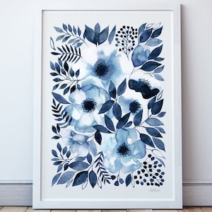 Hamptons Style Navy Blue Watercolour Floral Art Print