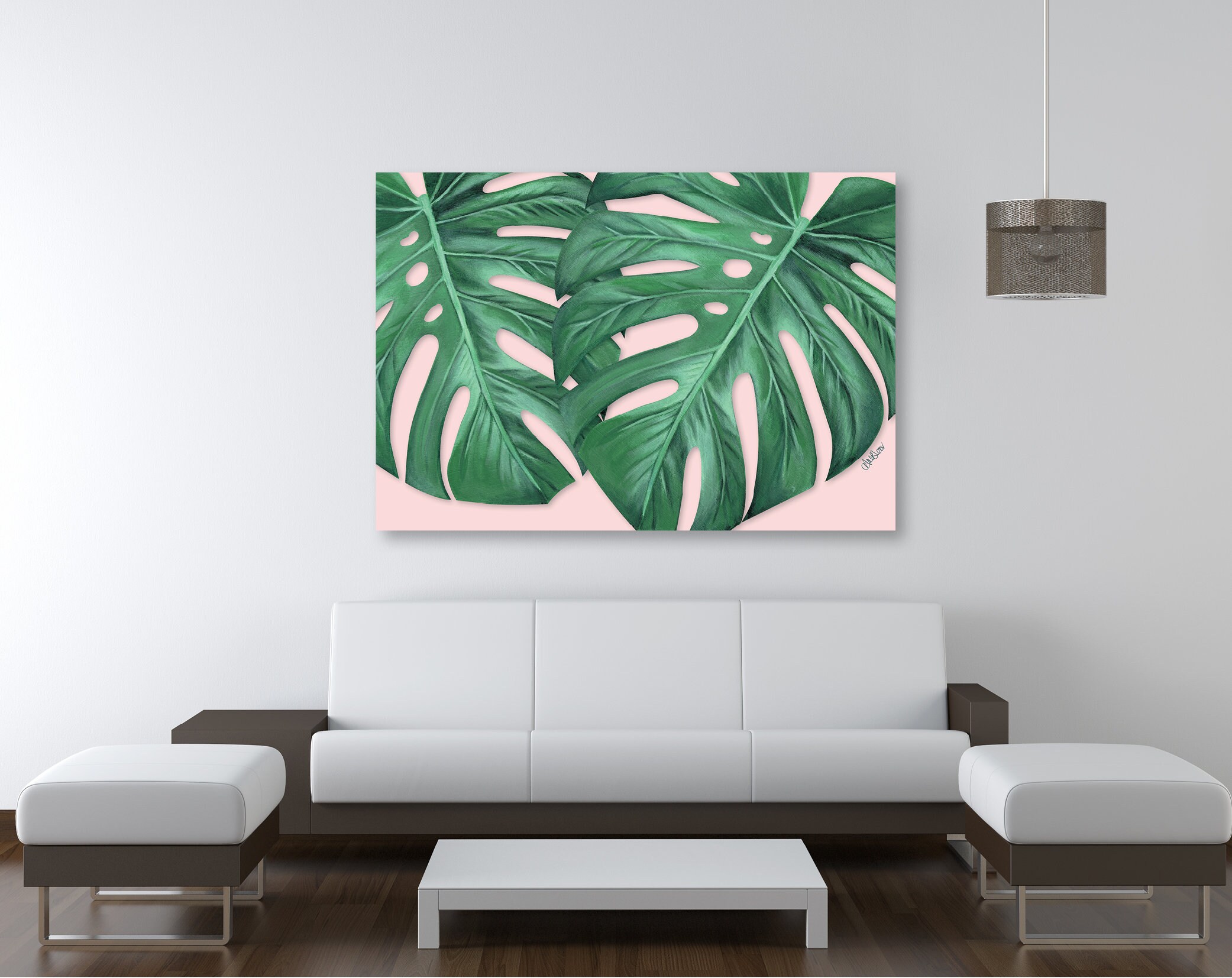 Monstera Leaf Painting Art Print. Blush Pink Background. | Etsy