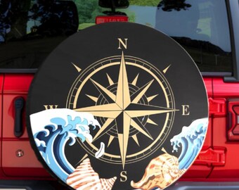 Custom Sea Wave Compass Spare Tire Cover: PVC Leather, SUV/RV/Truck (15 inch)