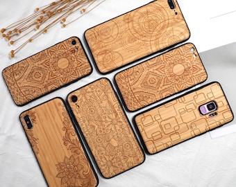 Natural Bamboo Carved Mandala Lotus Wooden Phone Case For iPhone X/11/12/13/14/15 Pro Max,Samsung S9/S10/S20/S21/S22/S23/S24 Plus,Note 10/20