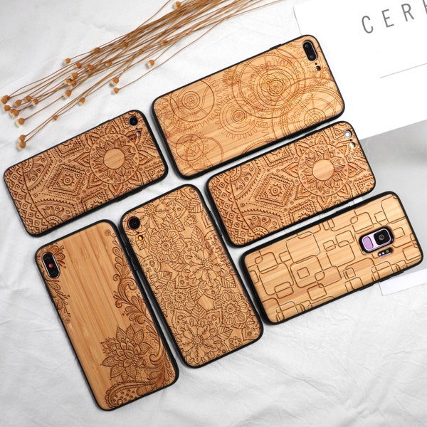 Natürliche Bambus geschnitzte Mandala Lotus Holz Handytasche für iPhone X / 11/12/13/14/15 Pro Max,Samsung S9/S10/S20/S21/S22/S23/S24 Plus,Note 10/20