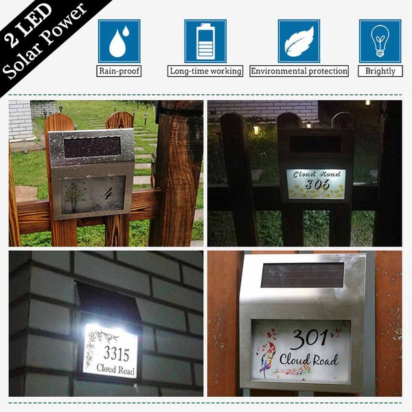 Personalized Custom Your Design Solar Power 2 LED Light Lamps Stainless Steel Waterproof House Door Street Number Wall Name Address Plaque
