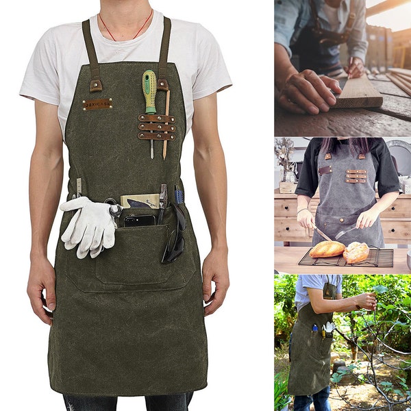 Leather Canvas Apron With Pockets&Adjustable M to XXL,Suitable for Barbecue/Woodworking/Gardener/Carpenters/Shop/Workwear,Ship from US/UK