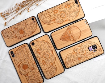 Coque en bois de bambou sculpté et crâne en sucre pour iPhone X/11/12/13/14/15 Pro, Samsung S9/S10/S20/S21/S22/S23/S24 Plus, note 10/20+