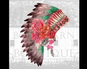 INSTANT DOWNLOAD Native American Head Dress Decorative Floral Pink and Green Sublimation Digital Design jpeg png pdf