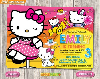 Hello Kitty Invitation, Hello Kitty Birthday Invitation, Hello Kitty Digital Printable, Baby Girl Birthday Invitation, FREE Thank You Card