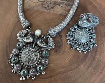 Aheli Antique Oxidized Handmade Green Mesh Boho Hasli Necklace for Women and Girls