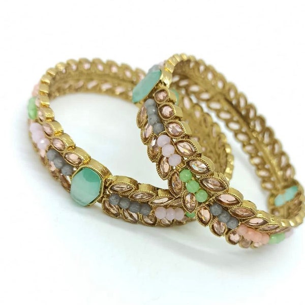 Polki mint stone multicolor bangles/dull gold Polki stone multicolor bangles/Indian kadas/Indian bangles/Pakistani bangles