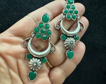 Green German silver earrings/green stone oxidized earrings/Indian earrings/Pakistani earrings