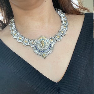 Dual tone/German silver/Krishna necklace with blue stones/choker
