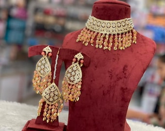 Punjabi Jadau Bridal Jewelry Set: Necklace, Earrings, Maangtikka