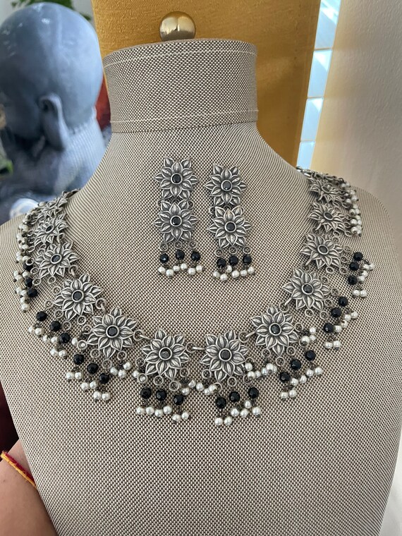 Germans Silver Flower Design Set oxidized Black Beads Set indian