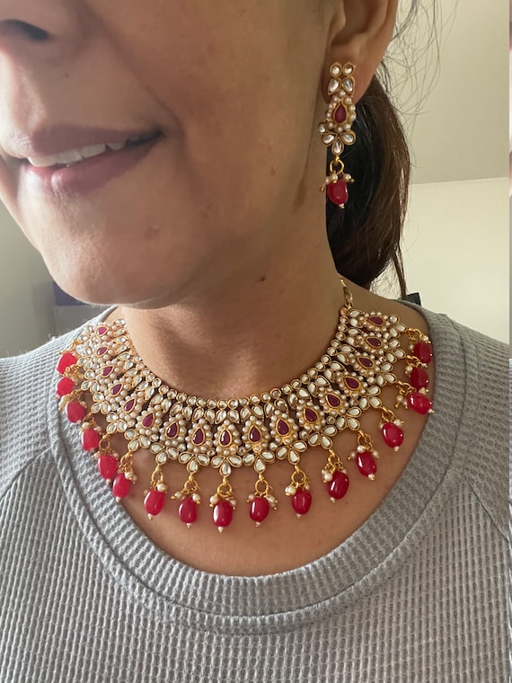 Red Kundan Necklace Set kundan Choker indian Necklace Set pakistani Necklace Set Etsy UK