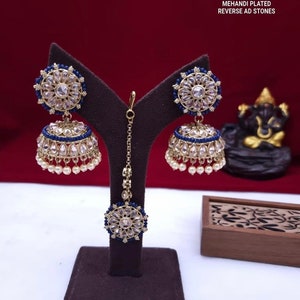 Blue Polki jhumkas with maangtikka/jhumka maangtikka set/Indian jhumkas