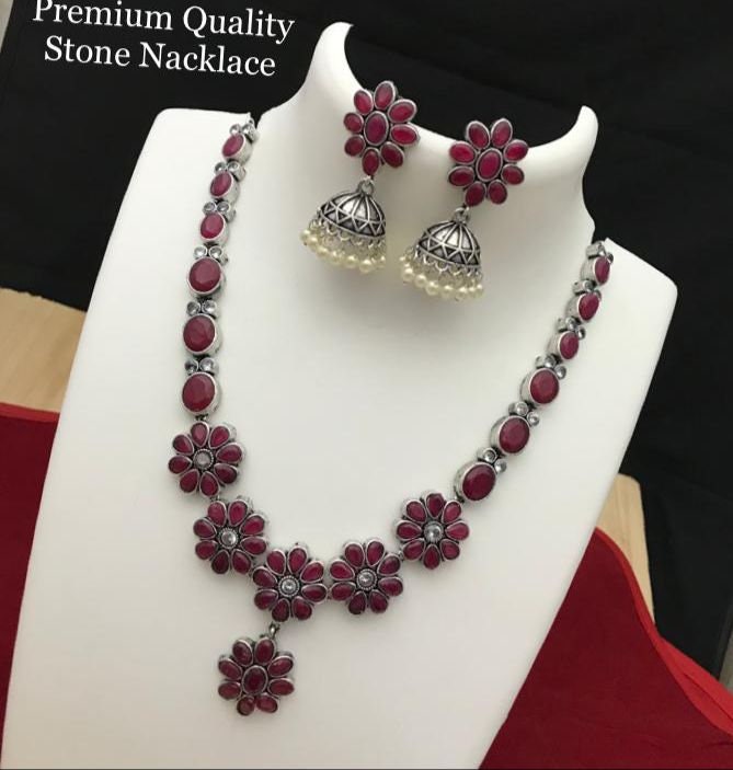 Red Stones German Silver Necklace Set oxidized Necklace Set in Red