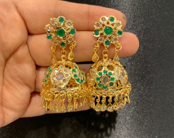 Emerald Green Jadau Jhumka Earrings: Gold Plated, Traditional Indian Jewelry