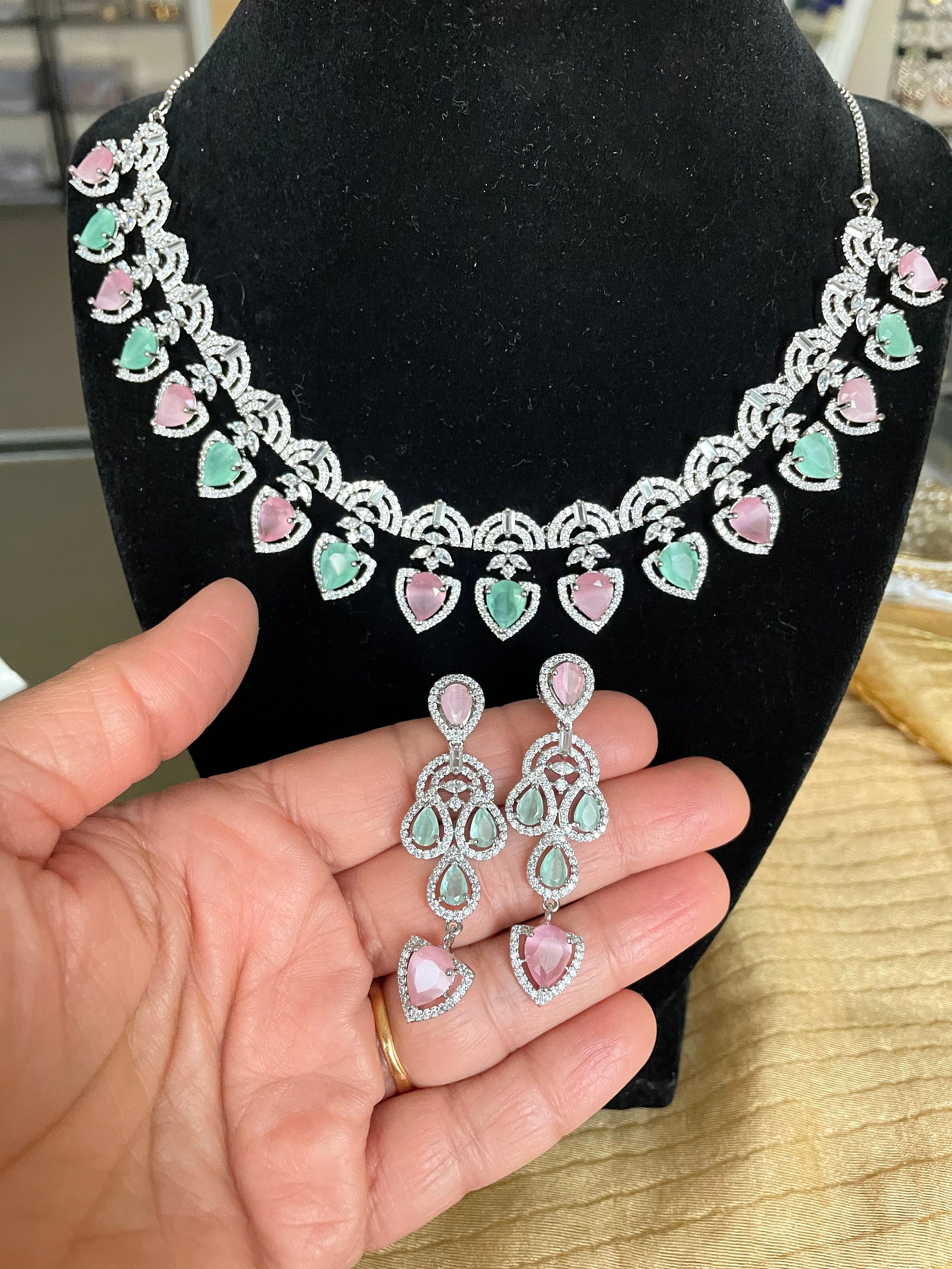 Mint Green N Pink Diamond Necklace Set/ad Necklace Set