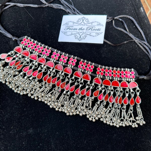 Afgani style handmade necklace/lightweight/statement Afghani necklace/choker in rani pink n red combo