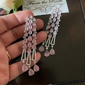 Pink diamond earrings/silver pink long AD earrings/wedding earrings