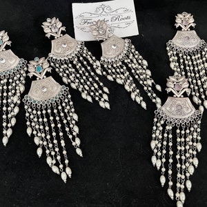 Oxidized pearls long earrings/long lightweight German silver danglers/Indian earrings/Pakistani earrings