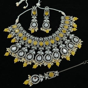 Designer yellow necklace set/kundan victorian finish statement choker set/Yellow faceted tika set /one of kind yellow choker set with kundan