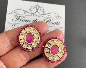 Red Kundan Studs, Pachi Kundan Earrings